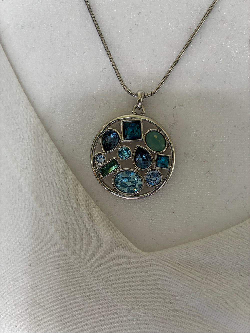 Touchstones rhodium Silver Blue Multi-Swarovski crystal Round Pendant Necklace